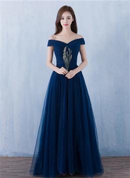 Picture of Lovely Navy Blue Tulle Off Shoulder Long Prom Dresses , Tulle Bridesmaid Dress